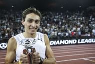 Armand Duplantis celebrates winning the Men's Pole Vault final during the Weltklasse Zurich as part of the 2021 Diamond League